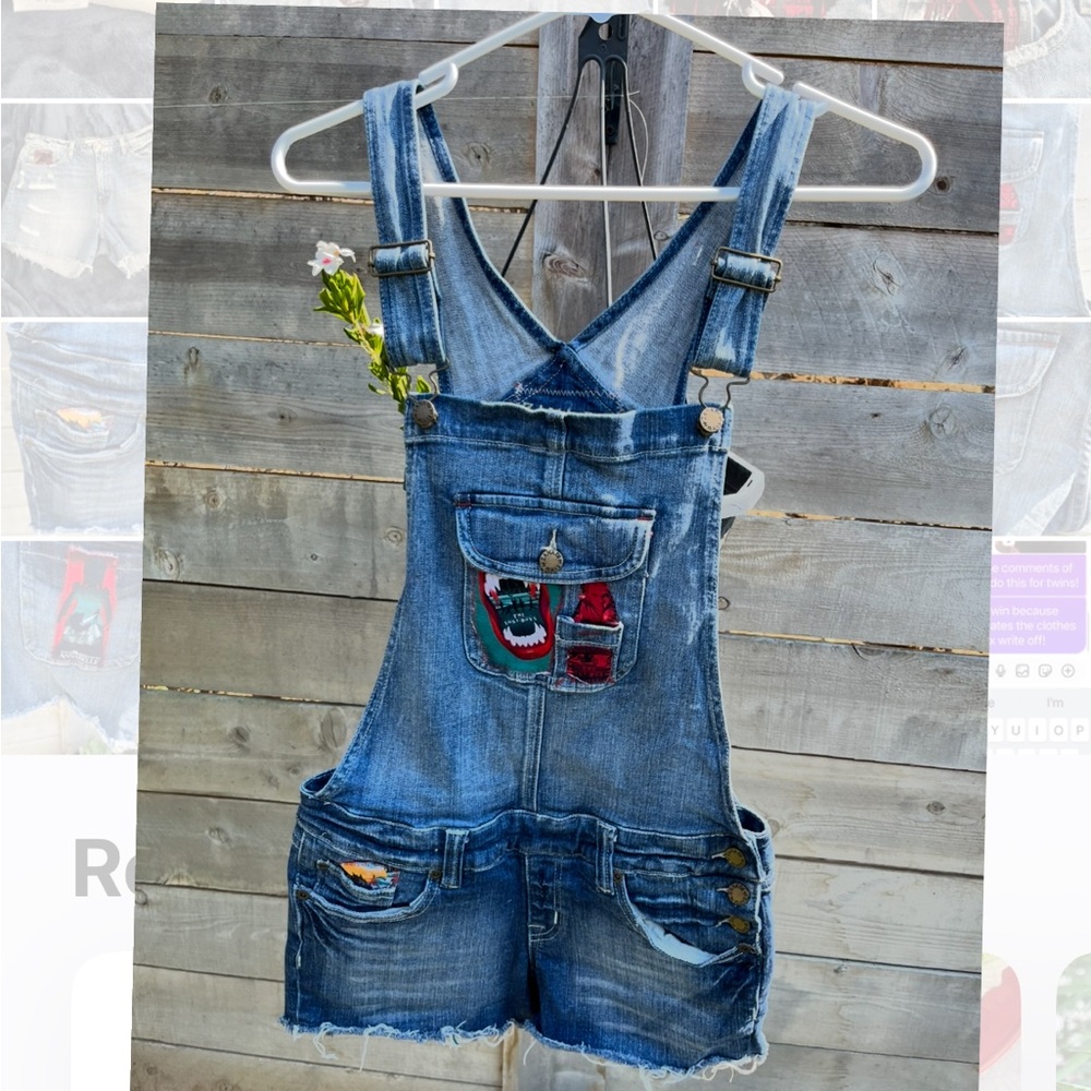 Horror movie characters appliqués stitched on Zana Di Women's Blue jean Overalls